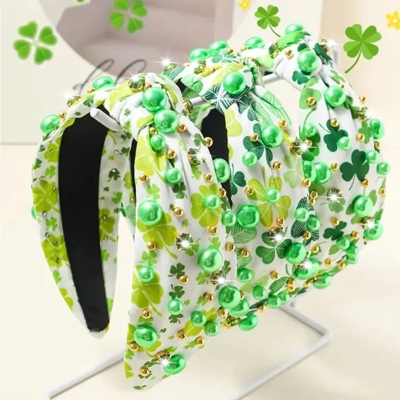 Green & Gold Beaded Light Green Shamrock Headband - Picture 2 of 5
